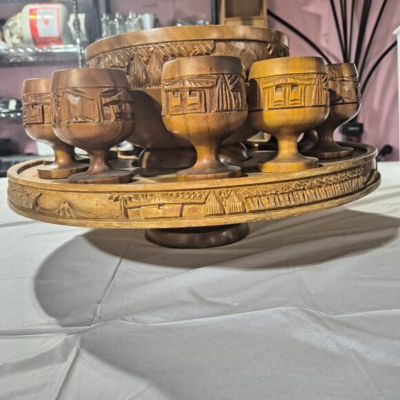 Vintage Tiki Style Wood Hand Carved Punch Bowl, 12 Goblets, lazy Susan & ladle
